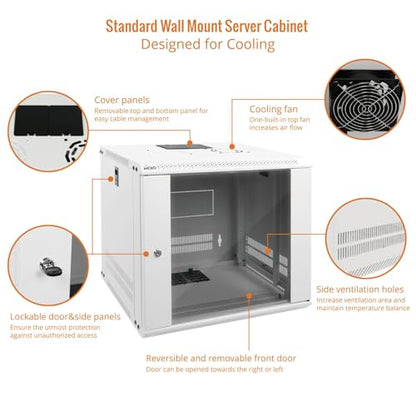 Tecmojo 9U Wall Mount Rack Network Cabinet for 19" IT Equipment,with Lockable Glass Door and Side Panels,Cooling Fan,17.7inch Depth,White,Computer/Electronics Equipment Data Rack - color: White