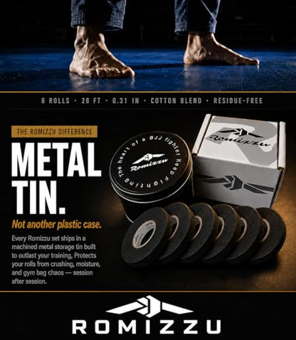 BJJ Finger Tape with Metal Storage Tin – 6 Rolls 26ft x 0.3in | Jiu Jitsu Grappling Tape | Strong Finger Support | Breathable Cotton | Residue-Free | MMA Wrestling Rock Climbing Black - color: Black