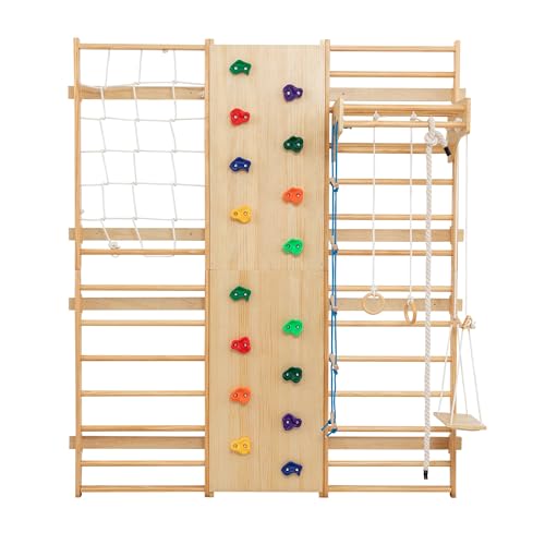 10-in-1 Indoor & Outdoor Wooden Playset for Kids, All-in-One Climbing Playground with Slide, Monkey Bars, Swing, Rock Wall, Climbing Net, Rings & Ladder –Sturdy Backyard Adventure Set for Active Play