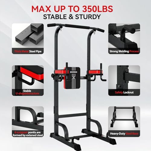 Pooboo Power Tower Dip Station Pull Up Bar for Fitness Home Gym Workout,450 Pounds Multi-Function Adjustable Height Fitness Strength Training Exercise Equipment,with Power Elastic Ropes - color: Black Red-03
