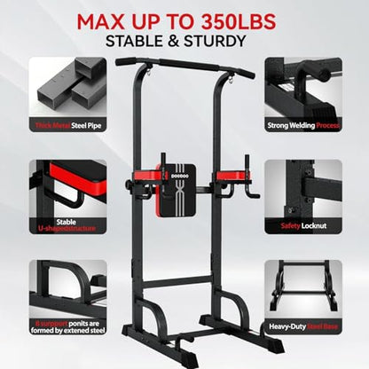 Pooboo Power Tower Dip Station Pull Up Bar for Fitness Home Gym Workout,450 Pounds Multi-Function Adjustable Height Fitness Strength Training Exercise Equipment,with Power Elastic Ropes - color: Black Red-03