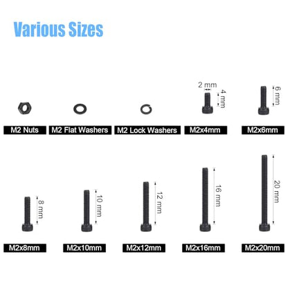 DYWISHKEY 566 Pieces M2 Black Screws, 12.9 Grade Alloy Steel M2x 4/6 /8/10 /12/16 /20mm Hex Socket Head Cap Screws Bolts Nuts Washers Assortment Kit - size: M2, style: Socket Head