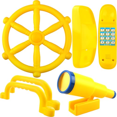 5 Pcs Kids Playground Accessories for Kids Outdoor Plastic Steering Wheel Swingset Phone Pirate Telescope Telephone Safety Handle for Child Backyard Tree House Playhouse Jungle Gym (Yellow Set 1) - color: Yellow Set 1