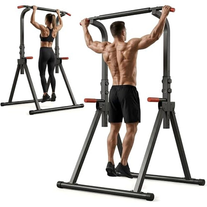 Power Tower, Foldable Dip Station & Pull Up Bar Stand, 6-Level Adjustable Height, 440lbs Heavy-Duty Strength Training Equipment for Home Gym