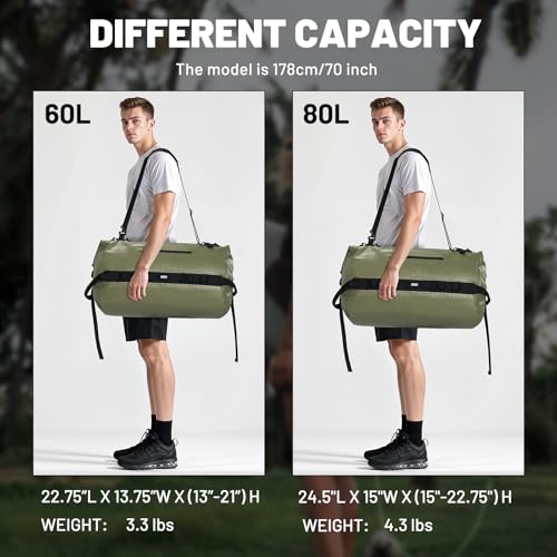 MIER Large Waterproof Duffel Bag - 60L/80L Dry Bag Backpack | Detachable Backpack Straps; Multi-Pockets; Roll-Top with Hook-and-Loop Closure; Motorcycle, Kayaking, Gym, Beach, Boating - color: Army Green, size: 60L