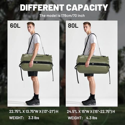 MIER Large Waterproof Duffel Bag - 60L/80L Dry Bag Backpack | Detachable Backpack Straps; Multi-Pockets; Roll-Top with Hook-and-Loop Closure; Motorcycle, Kayaking, Gym, Beach, Boating - color: Army Green, size: 60L