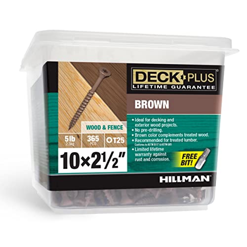 Deck Plus Deck Screws, #10 x 2-1/2in, 365 Pieces,5 Lb Box, Brown | Epoxy Coated Exterior Wood and Fence Screws,Star drive with Included Coarse Thread T25 bit included , Outdoor Rust Resistant - color: Brown, size: #10 x 2-1/2", style: 365 pcs