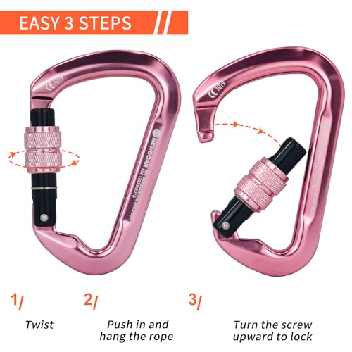 NewDoar CE Certified 30kN-6744lbs Climbing Carabiner Professional, Heavy Duty D Screwgate Clip, for Climbing,Rappelling,Hunting, Rescue - color: Screwgate/Pink/5pcs