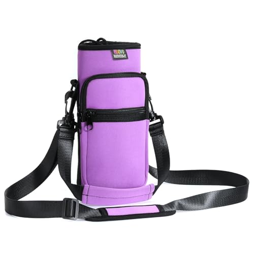 Nuovoware Water Bottle Carrier Bag, 25oz/32oz Bottle Pouch Holder, Adjustable Shoulder Hand Strap 2 Pocket Sling Neoprene Sleeve Sports Water Bottle Bag for Men Women Hiking Travel, Taro Purple - color: Taro Purple, size: 25-32 Ounces - Standard