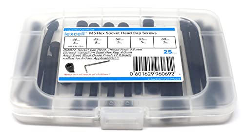 iexcell 25 Pcs M5 x 40/45/50/55/60 Alloy Steel 12.9 Grade Hex Socket Head Cap Screws Bolts Assortment Kit, Black Oxide Finish - size: M5 x 40/45/50/55/60mm