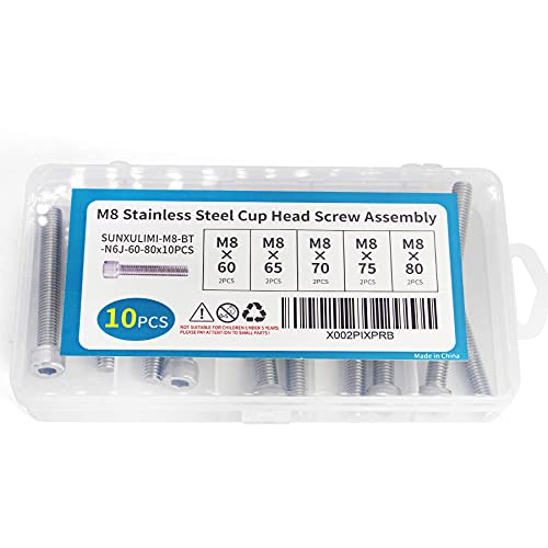 M8 x 60/65/70/75/80mm Screws and Nuts Hex Socket Head Screws M8 Bolts, 304 Stainless Steel, Bright Finish, Fully Threaded, Metric Allen Hex Drive, Assortment Kit 10PCS - size: M8×60/65/70/75/80mm