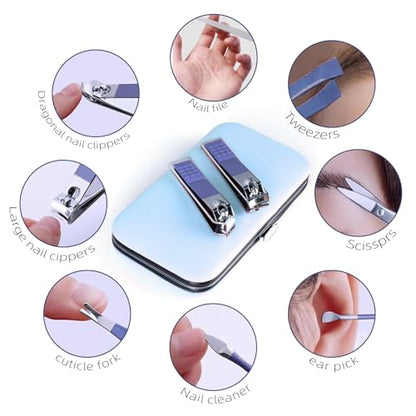 Manicure Set 8 in 1 Nail Clipper Set,RedFlow Nail Clippers,Fingernail & Toenail Clippers,Manicure Tools,Pedicure Tools,Suitable for Travel Manicure Kit,Nail Set Kit with Everything Profe (Blue) - color: Blue