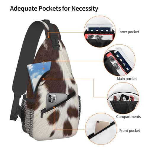 Cow Print Crossbody Sling Bags for Women Men Brown White Cow Fur Texture Animal Skin Print Travel Sling Backpack Casual Chest Shoulder Bag Cute Farmhouse Cowhide Pattern Hiking Daypack - color: White Brown