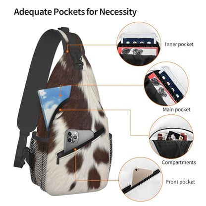 Cow Print Crossbody Sling Bags for Women Men Brown White Cow Fur Texture Animal Skin Print Travel Sling Backpack Casual Chest Shoulder Bag Cute Farmhouse Cowhide Pattern Hiking Daypack - color: White Brown