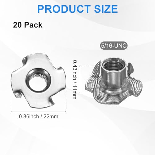 M METERXITY 20-Pack 5/16-UNC T-nut, 7/16" Barrel Length Stainless Steel 4-Pronged Tee Nut Threaded Insert for Wood/Rock Climbing Holds/Furniture, Corrosion Resistant Fasteners - size: 5/16-UNC