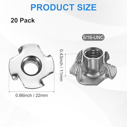 M METERXITY 20-Pack 5/16-UNC T-nut, 7/16" Barrel Length Stainless Steel 4-Pronged Tee Nut Threaded Insert for Wood/Rock Climbing Holds/Furniture, Corrosion Resistant Fasteners - size: 5/16-UNC