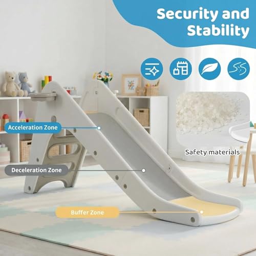 Toddler Indoor Slide, Foldable Baby Climber Playset with Basketball & Hoop | 63 in Extra Long Slope, Non-Slip Steps, Sturdy Plastic, Outdoor Playground for Backyard, Home & Playroom Use, Grey White - color: Grey White