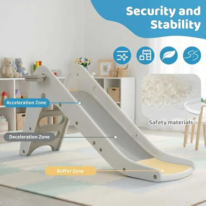 Toddler Indoor Slide, Foldable Baby Climber Playset with Basketball & Hoop | 63 in Extra Long Slope, Non-Slip Steps, Sturdy Plastic, Outdoor Playground for Backyard, Home & Playroom Use, Grey White - color: Grey White