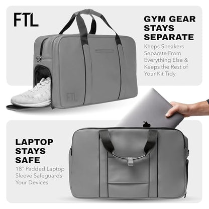 The FTL Pro Mens Travel Bag - 30L Premium Work to Gym Weekender Duffel with Garment Bag, Shoe Space & 18" Laptop Sleeve - Organized Athletic Business Carry On Hybrid, Fits Under Airplane Seat - Grey - color: Stone Grey, style: Pro