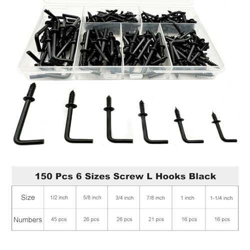 150 PCS 7 Shaped Right Angle Screw Hooks Sets,Black 6 Sizes Screw in L Shaped Hooks for Hanging Lamp,Plants,Decorations,kitchenware and DIY Crafts,(1/2",5/8",3/4",7/8",1",1-1/4") - size: 6sizes 150pcs