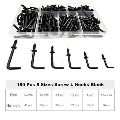 150 PCS 7 Shaped Right Angle Screw Hooks Sets,Black 6 Sizes Screw in L Shaped Hooks for Hanging Lamp,Plants,Decorations,kitchenware and DIY Crafts,(1/2",5/8",3/4",7/8",1",1-1/4") - size: 6sizes 150pcs