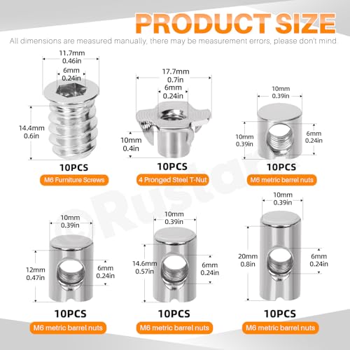 60Pcs M6 Nickle Barrel Nuts Four-jaw Tee Nuts and Threaded Insert Assortment Kit Metric Cross Dowels Slotted Nut T Nut Wood Inserts Bolt for Wood Furniture Beds Crib Chairs - style: 60pcs nickle plated nuts assortment kit