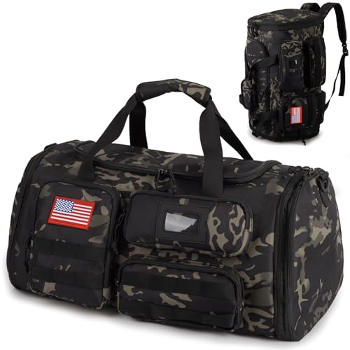 Expandable Gym Bag For Men,Tactical Large 3-in-1 Travel Duffle Backpack Bag | Water-Resistant Sports Bag With Shoes Compartment,Multi-Functional Travel Duffel Bag For Weekend, Overnight, Workout,Camping - color: Camo Black