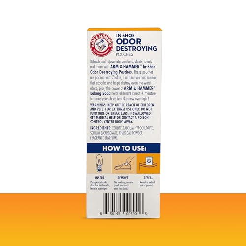 Arm & Hammer In-Shoe Odor Destroying Pouches, Shoe Deodorizer Insert for Reducing Odor and Absorbing Moisture, Smell Eliminator for All Footwear, Gym Bags and Work Boots (4 Pouches)