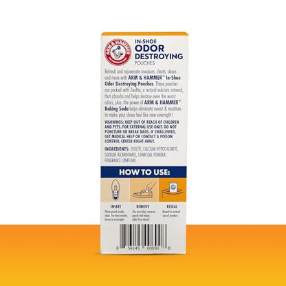 Arm & Hammer In-Shoe Odor Destroying Pouches, Shoe Deodorizer Insert for Reducing Odor and Absorbing Moisture, Smell Eliminator for All Footwear, Gym Bags and Work Boots (4 Pouches)