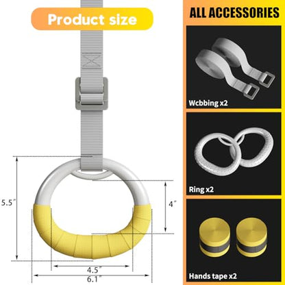 DONIUZ Gymnastic Rings, Both for Adults and Kids, Adjustable Strap Strength Home Exercise Gym Rings for Strength/Physical Training, Indoor Gym Anti -Slip Surface Design Rings