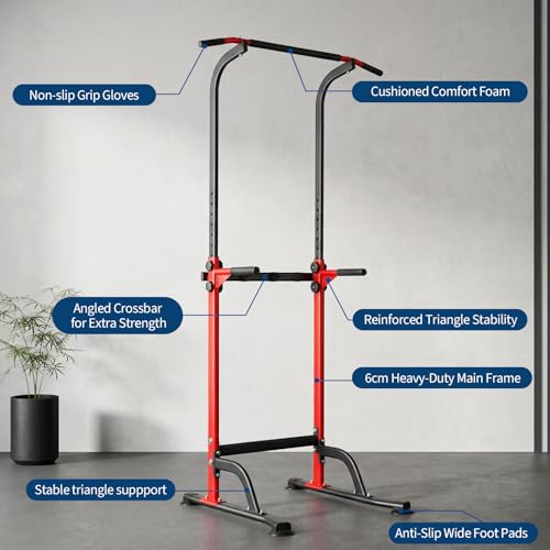Power Tower Home Gym Strength Training Station Adjustable 10 Height Levels, Heavy-Duty Chin-Up Tower with Parallel Dip Handles, Bodyweight Workout Equipment for Pull-Ups, Dips, Knee Raises, Push-Ups, 330 Lb Capacity - color: Red