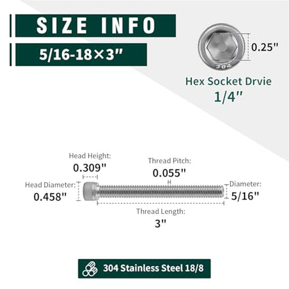 5/16-18 x 3" Socket Head Cap Screws, 304 Stainless Steel (18-8), Full Thread, Machine Screws for DIY, Machinery, Electronics, 10-Pack - size: 5/16-18 x 3"