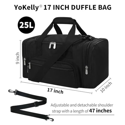 Small Duffel Bag, 17 inch, Black | 25L, Multi Pockets, Carry On, Weekender Bag, Travel Gym Sport, 17x10x9 in - color: Black, size: 17 inch - 1.0
