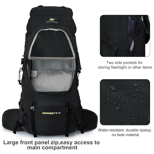 N NEVO RHINO Internal Frame Hiking Backpack 50/60/65/70/80L with Rain Cover | Backpacking Backpack with Padded Hip Belt, Multi-Pockets, Pole Loops, Waterproof Daypack for Men Women Climbing Camping - color: 21 Black, size: 75+5L