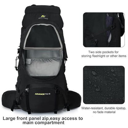 N NEVO RHINO Internal Frame Hiking Backpack 50/60/65/70/80L with Rain Cover | Backpacking Backpack with Padded Hip Belt, Multi-Pockets, Pole Loops, Waterproof Daypack for Men Women Climbing Camping - color: 21 Black, size: 75+5L
