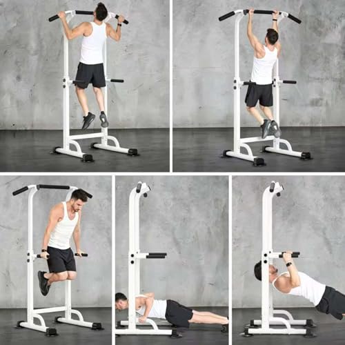 Adjustable Power Tower Pull Up Bar Dip Station, Free Standing Pull Up Rack Dip Station for Home Gym, 400LBS Capacity Height Heavy Duty Multi-Function Home Strength Training Fitness Workout Equipment - color: White