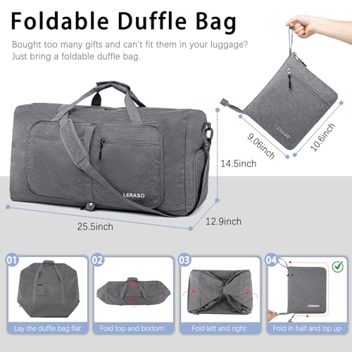 65L Foldable Duffle Bag with Shoe Compartment - Large Travel Duffel Bag for Men & Women, Packable Weekend Bag with Trolley Sleeve, Water-Resistant & Lightweight Gym Bag for Travel, Sports（Grey） - color: Grey