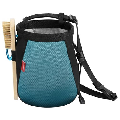 MoKo Climbing Chalk Bag with Chalk Brush, Waterproof Nylon Bouldering Chalk Bag Bucket with 2 Large Zippered Storage Pockets Drawstring Closure Adjustable Belt Chalk Bag for Climbing Gymnastics - color: Black+Light Blue, style: Cylindrical