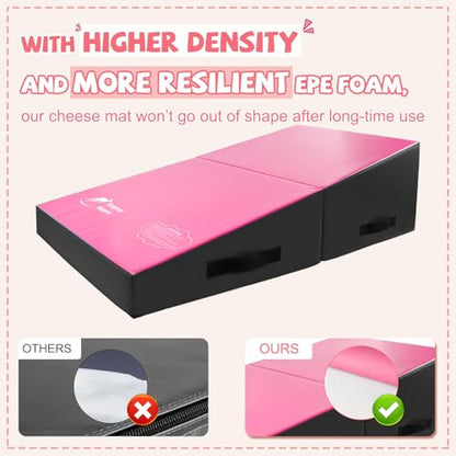 Kangaroo Hoppers Gymnastics Cheese Wedge Mat for Kids Ages 1-12 | 3 Sizes Folding Incline Mat with High-Density EPE Foam and Removable PVC Leather Cover, Home Gym Training Equipment - color: Black/Hot Pink, size: 56" x 28" x 15"
