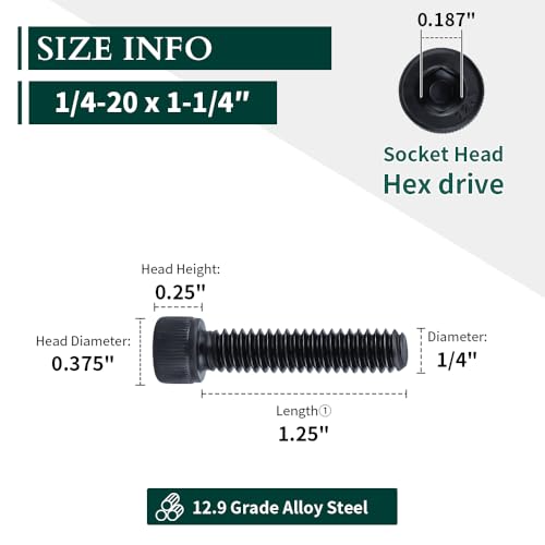 1/4-20 x 1-1/4" Socket Head Cap Screws Bolts, 12.9 Grade Alloy Steel, Black Oxide Finish, Allen Hex Drive, Full Thread, 50 PCS - size: 1/4-20 x 1-1/4"