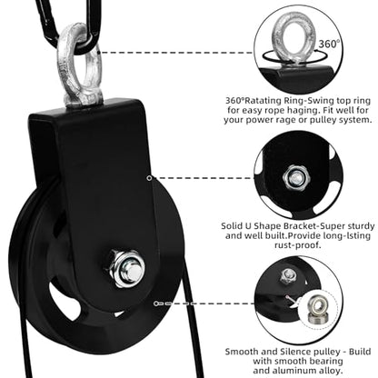 LFJ Aluminum Alloy Cable Pulley with Swing Strap Carabiner, 90mm Pulley Wheel for LAT Pulley System DIY Pull Down Attachment,Ladder Lift,Home Gym Equipment - color: Black