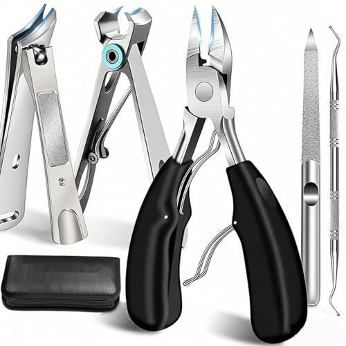 5Pcs Ingrown Toenail Removal Kit, Thick Toenail Clippers for Seniors, Heavy Duty Toenails Clippers for Men, Slanted Nail Clipper with Long Handle, Angled Head Toe Nail Clipper Senior Gift (Silver) - size: 5Pcs Nail Clippers Set-silver