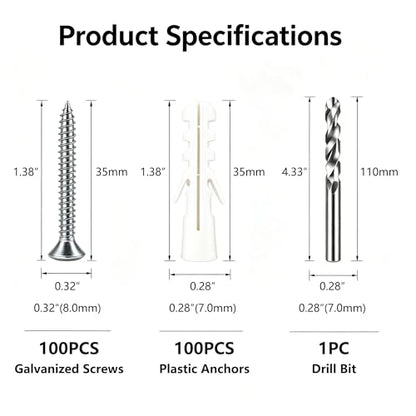 200Pcs Drywall Anchors and Screws Kit, 100Pcs Ribbed Plastic Wall Anchors with 100Pcs 1-2/5" Screws & Drill Bit, Heavy Duty Anchors for Hanging Pictures, Shelves, Home Mounting - size: 1-2/5 inch