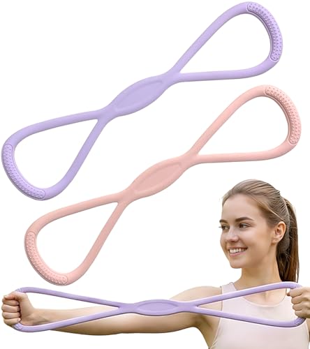 Resistance Bands with Handles, 2 Pcs Figure 8 Exercise Bands for Arm, Back and Shoulder Training, Elastic Fitness Bands for Strength Training, Stretching, Yoga and Home Workouts - color: ‎Pink+Purple