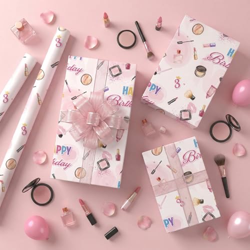 Liobelon Threenager Birthday Wrapping Paper Roll – 17" x 16.5 Ft Girl Gift Wrap with Watercolor Cosmetics & Lip Print Design, Teen Girl Party Supplies for 3rd Birthday, Daughter Sister Gift Wrap - color: Threenager