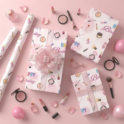 Liobelon Threenager Birthday Wrapping Paper Roll – 17" x 16.5 Ft Girl Gift Wrap with Watercolor Cosmetics & Lip Print Design, Teen Girl Party Supplies for 3rd Birthday, Daughter Sister Gift Wrap - color: Threenager