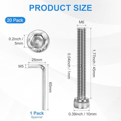 M METERXITY 20-Pack M6 x 45mm Socket Head Cap Screws, 304 Stainless Steel Hex Machine Bolts, Allen Socket Drive Screw with Hex Wrench for Repair/DIY, Fully Threaded Fasteners Kit [Silver] - size: M6 x 45mm