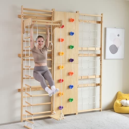 Avenlur Walnut 9-in-1 Swedish Ladder Wall Gym Kids, Indoor Climbing Wall | 2 Heights: 78.8" or 94.5" Montessori Indoor Playground & Jungle Gym, Rock Climbing Wall for Kids, Rope Ladder, Slide, Swing - size: 94.5" Height