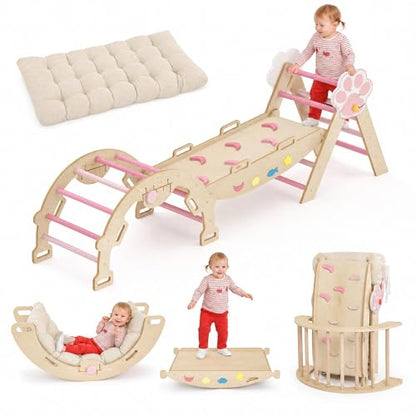 OUTLANE Pikler Triangle Set, 7-in-1 Foldable Wooden Toddler Climbing Toys Indoor, Jungle Gym for Toddlers, Large Montessori Climbing Set with Reversible Slide, Arch Ramp, Ladder & Cushion (Pink) - color: Pink