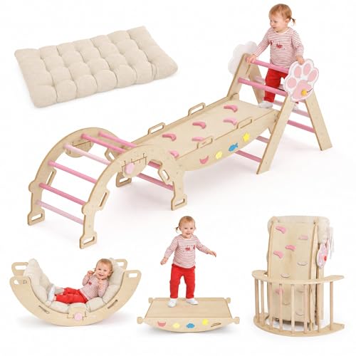 OUTLANE Pikler Triangle Set, 7-in-1 Foldable Wooden Toddler Climbing Toys Indoor, Jungle Gym for Toddlers, Large Montessori Climbing Set with Reversible Slide, Arch Ramp, Ladder & Cushion (Pink) - color: Pink